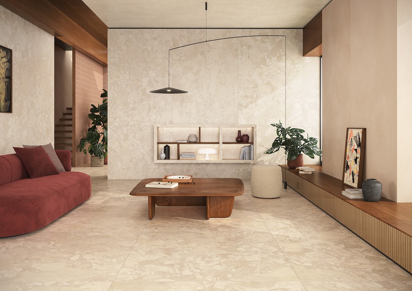 Woonkamer met Marca Corona Arkigem Cappuccino natuursteenlook tegels